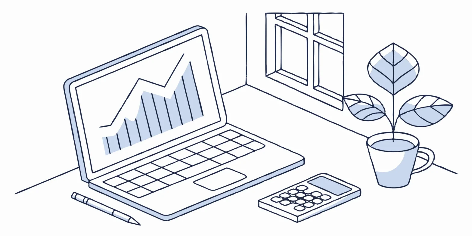Affordable tax services for individuals. Calculator, graph, and laptop on desk.