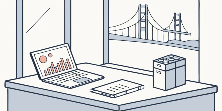 Pasadena accountant's desk with laptop displaying financial graphs and reports.