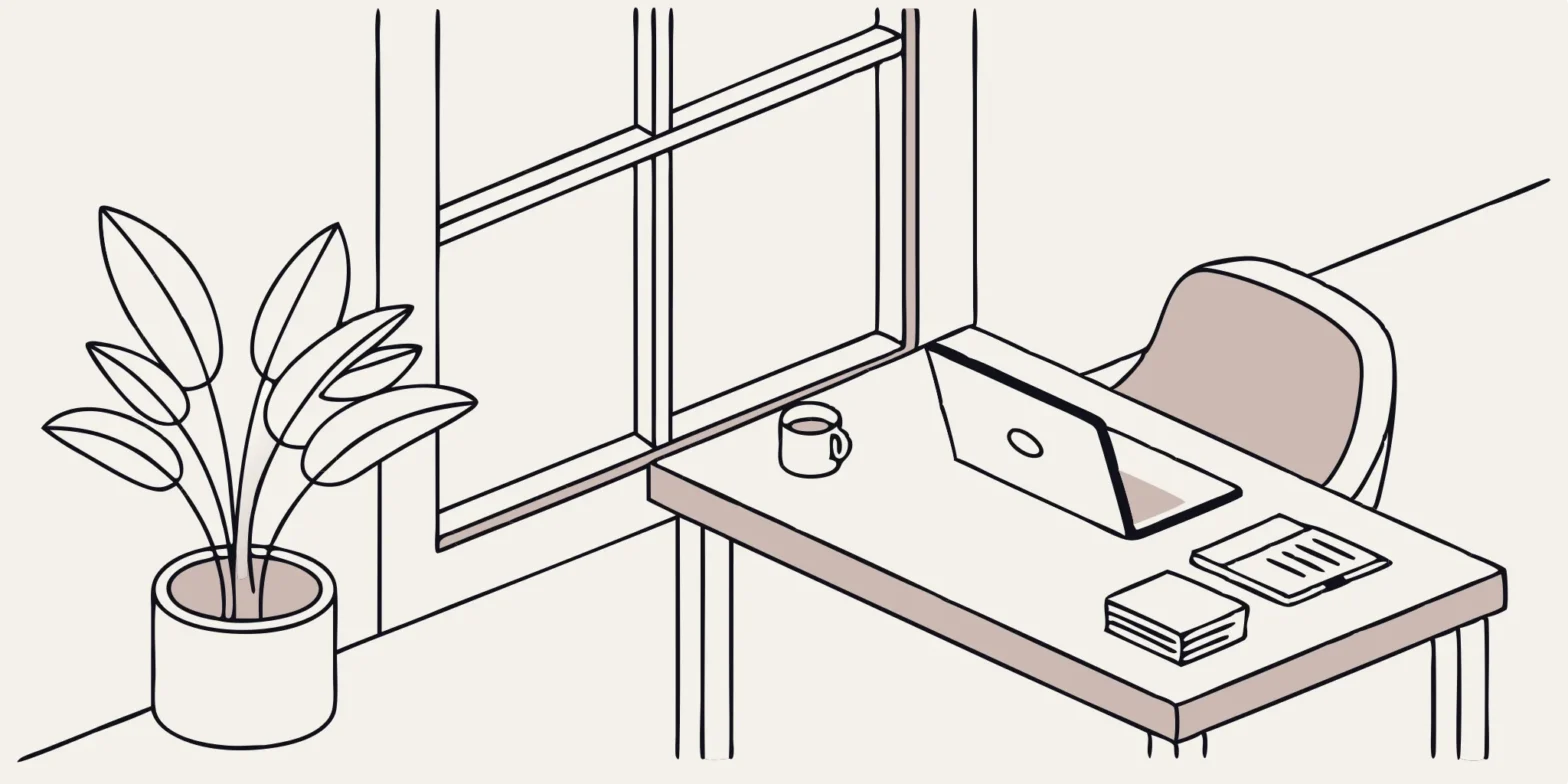 Laptop, coffee, and plant on minimalist workspace.