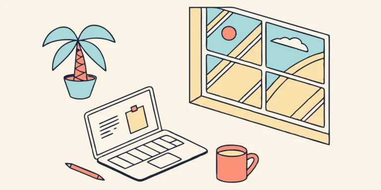 Laptop, coffee, and plant on a desk. Affordable tax planning tools for content creators.