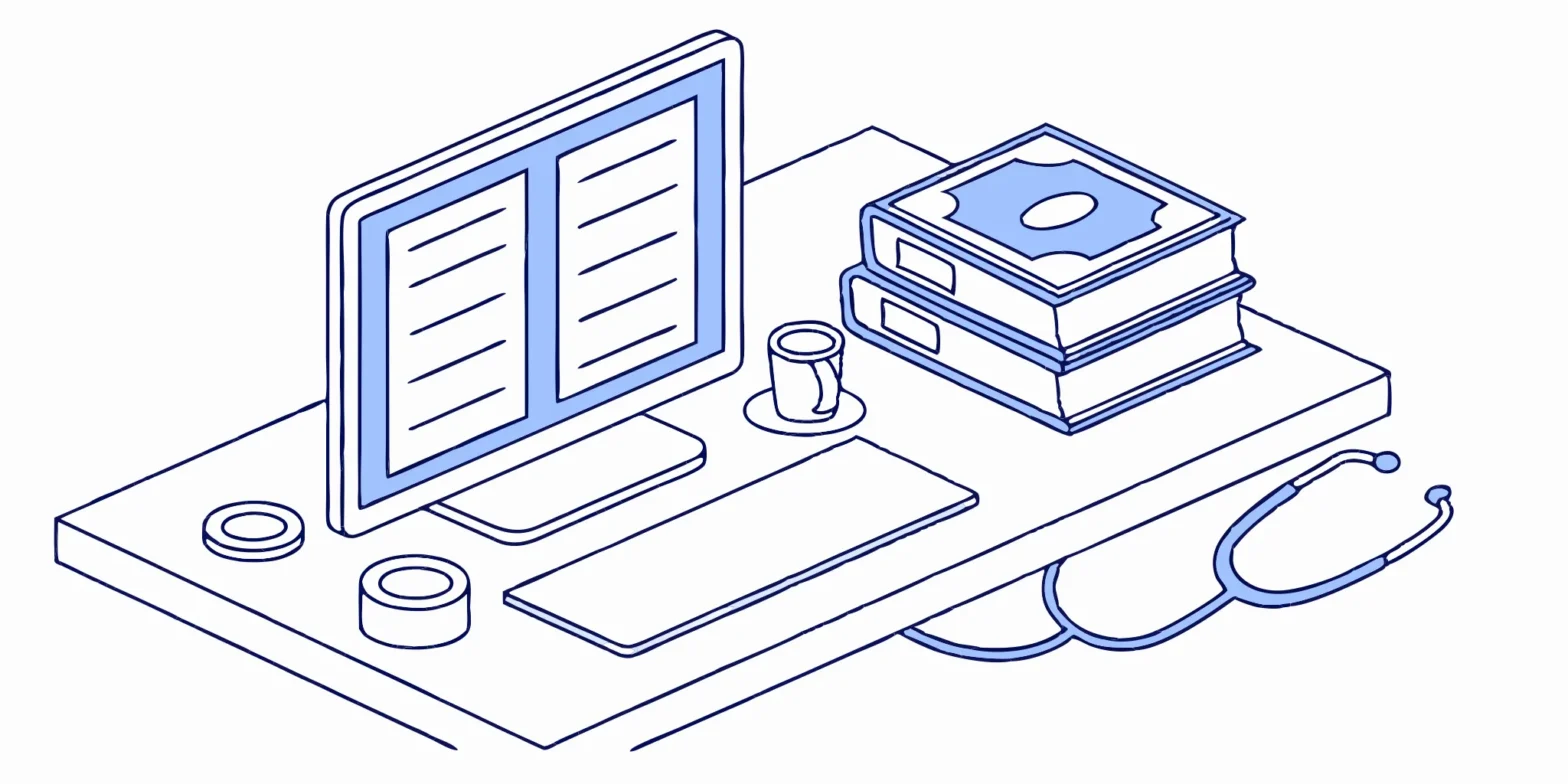 Stethoscope, computer, and tax preparation resources for healthcare professionals.