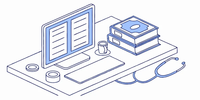 Stethoscope, computer, and tax preparation resources for healthcare professionals.