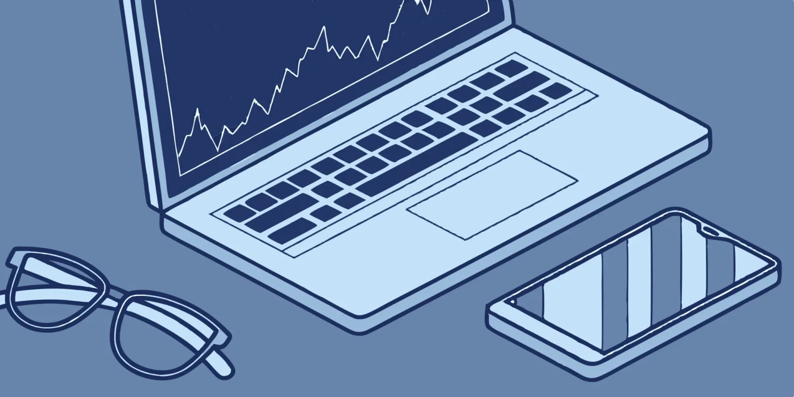 Tech startup accounting tools: Laptop, smartphone, and glasses.