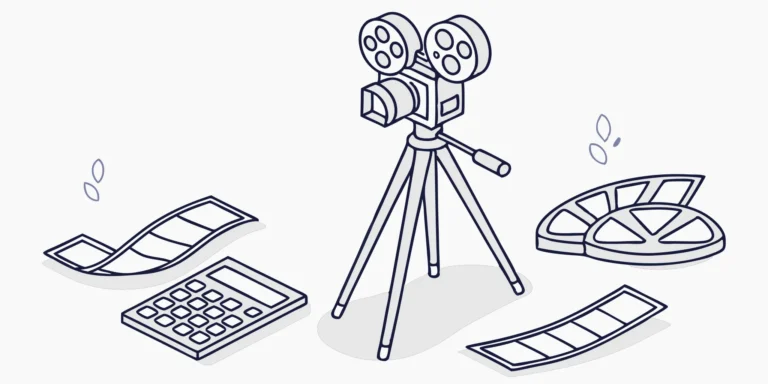 Film camera, calculator, and reels symbolize film production accounting and tax tips.