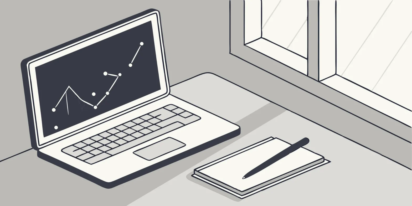 Startup accounting software setup on laptop with notebook and pen.