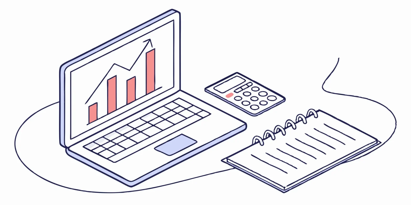 Marketing agency tax deductions: Laptop, graph, calculator, and notebook.