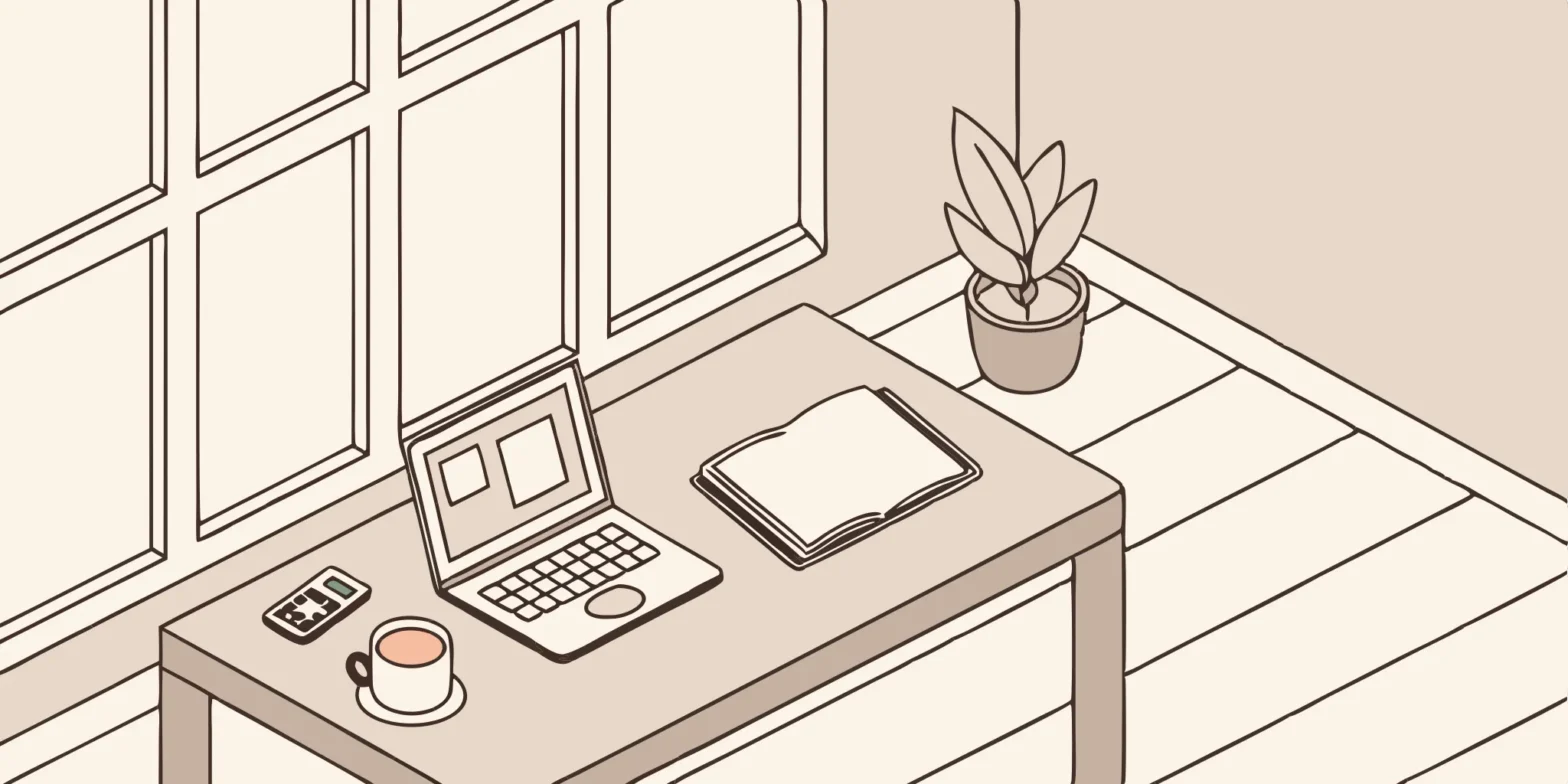 Laptop, book, coffee, and plant on desk. Affordable tax planning tools for physical therapists.