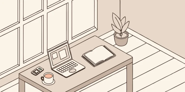 Laptop, book, coffee, and plant on desk. Affordable tax planning tools for physical therapists.
