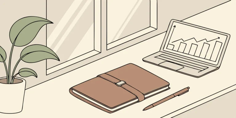 Laptop, notebook, and pen on desk. Affordable tax planning tools for lawyers.