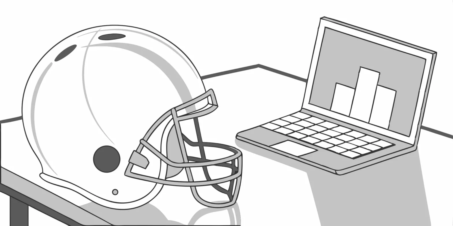 Pro athlete's financial planning: Laptop, football helmet, and bar graph.
