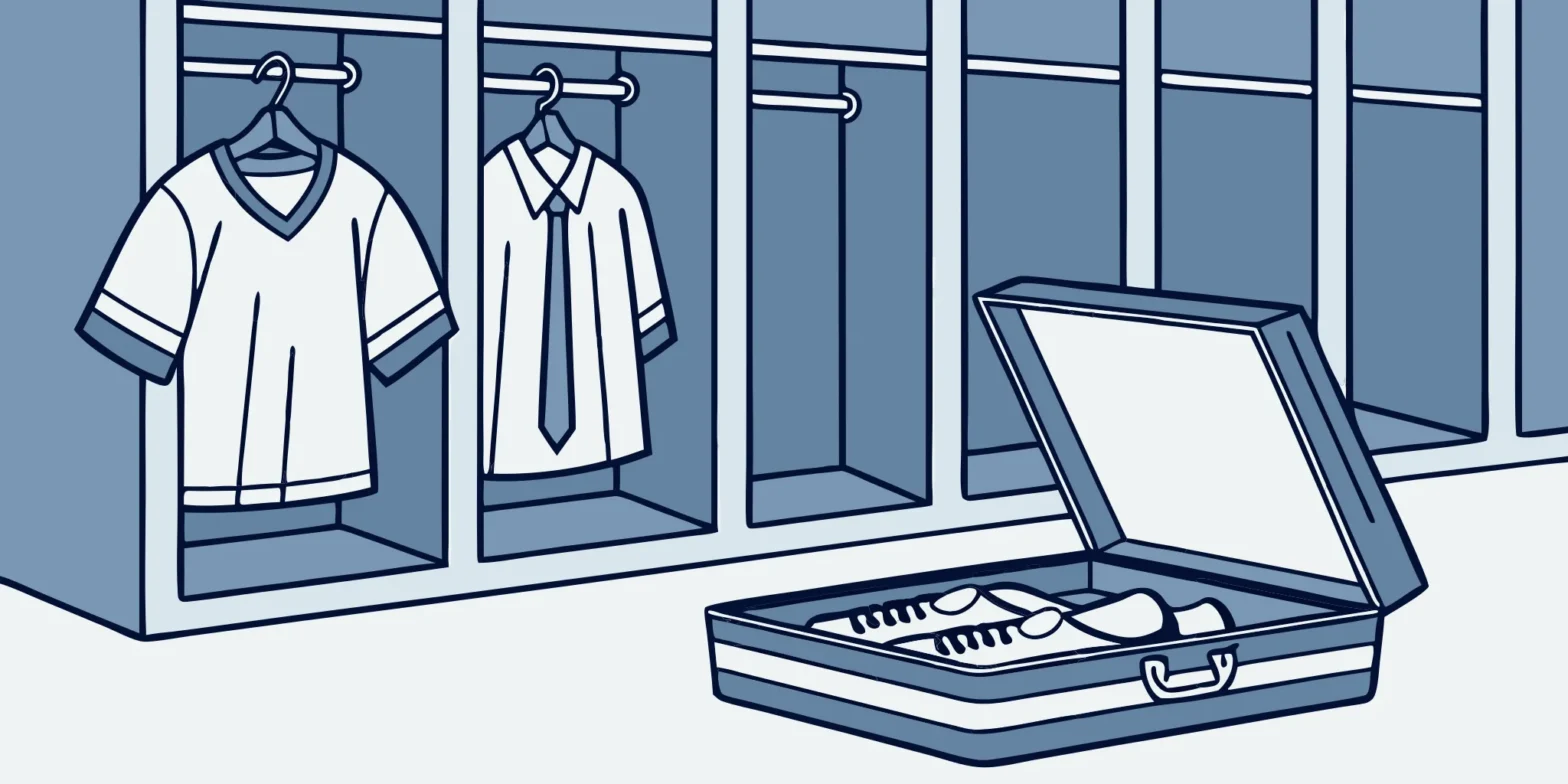 Austin pro athlete's locker room with business attire and travel bag.