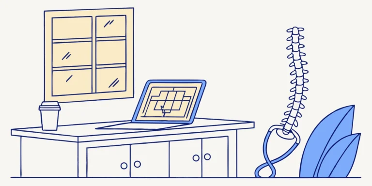 Chiropractor's desk with spine model, laptop, and coffee.