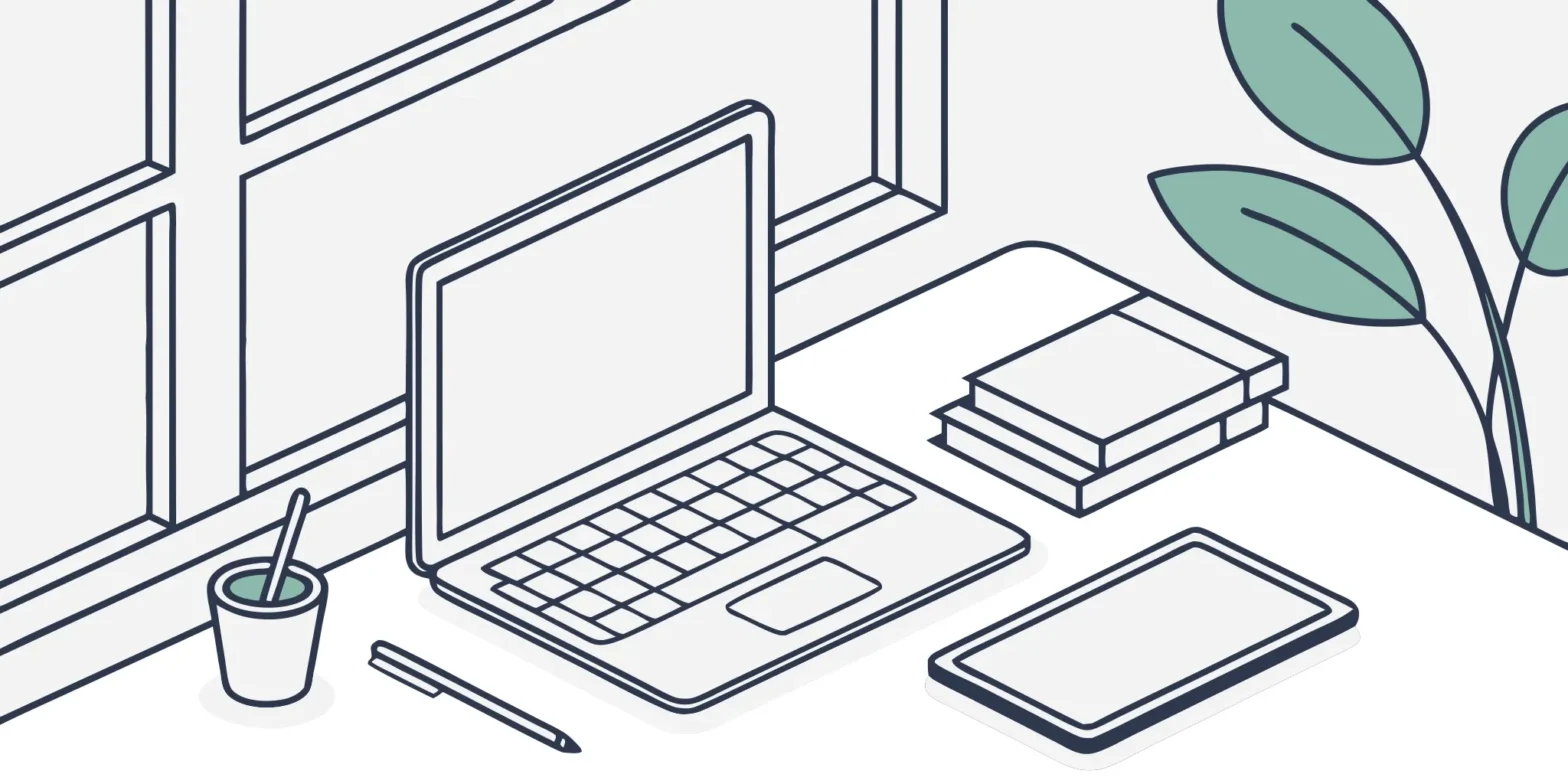 Content creator's workspace with tech, books, and coffee.