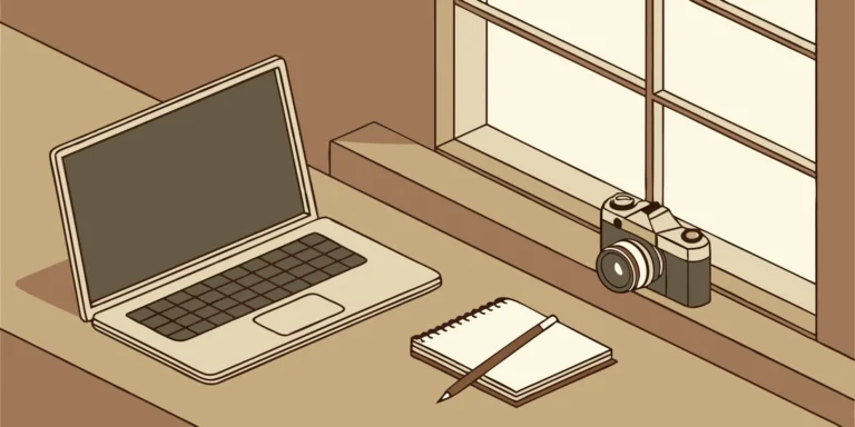 Camera, notebook, and pen on desk. Photographer's business tools.