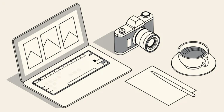 Camera, laptop, and notepad on desk. Photographer's accounting tools.