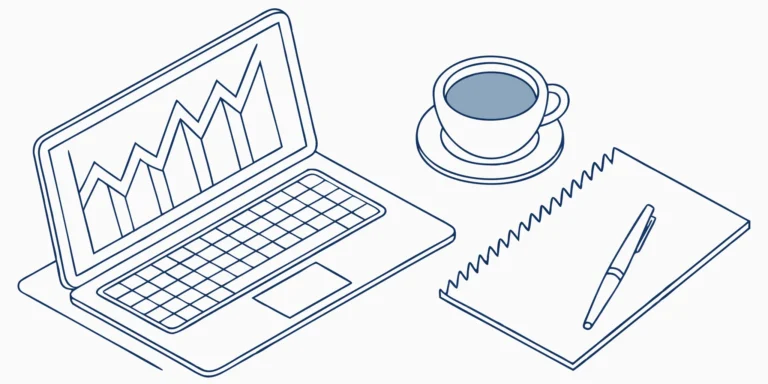 Laptop, graph, coffee, and notebook. Agency tax and accounting tips.