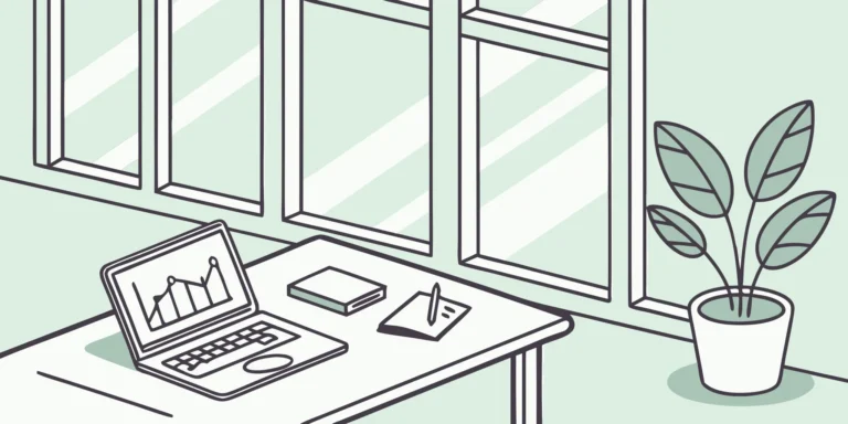 Laptop with business graph, notebook, and pen on office desk.