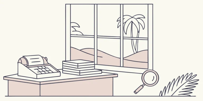 Tax documents, calculator, and magnifying glass.