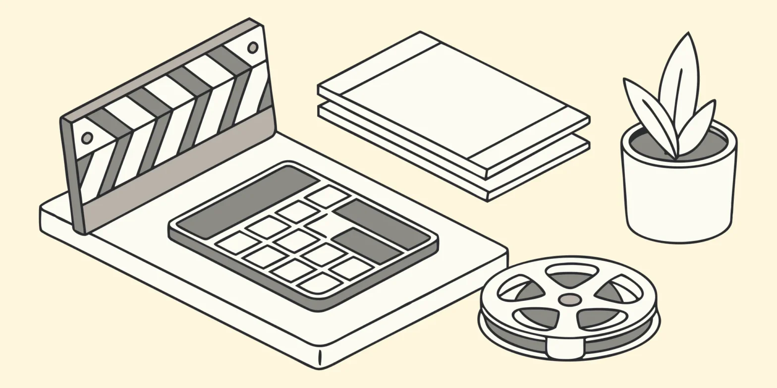 Film clapperboard, calculator, and film reel symbolize affordable entertainment business tax planning.