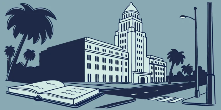 LA back taxes paperwork with city hall and palm trees.