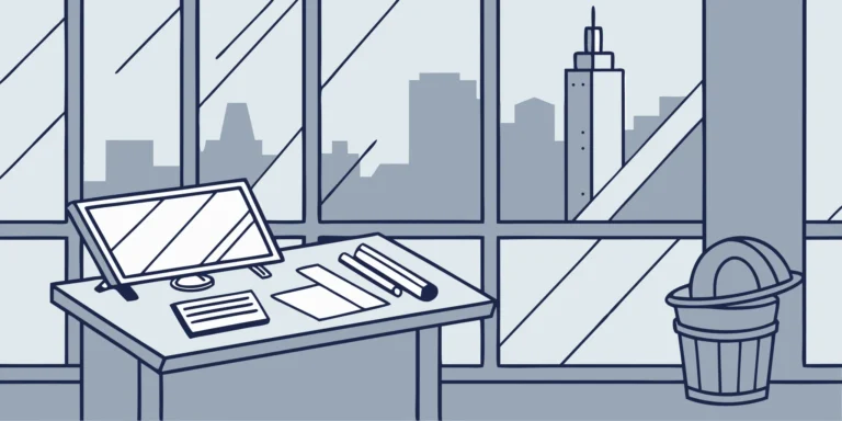 Engineering firm desk with blueprints, computer, and city view.