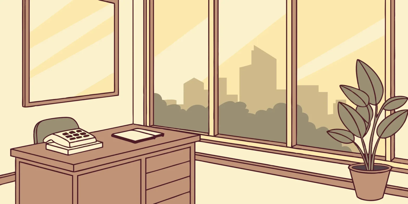 Austin office desk with tax paperwork at sunset.