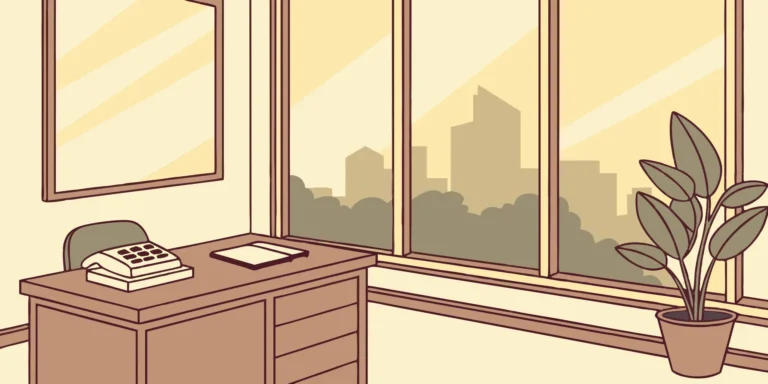 Austin office desk with tax paperwork at sunset.