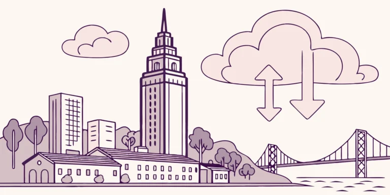Cloud accounting transition symbolized by city skyline with cloud icons and arrows.