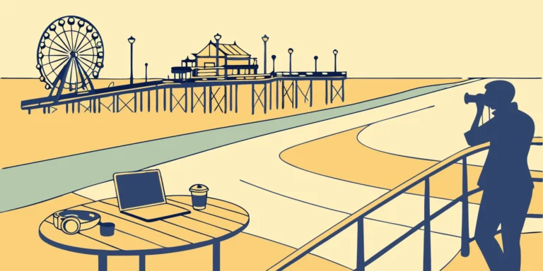 A Santa Monica photographer uses accounting services at a workspace overlooking the pier.