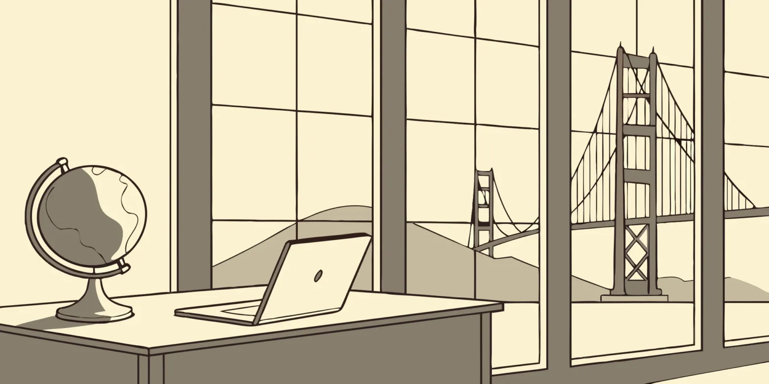 Tax consultant's desk with Golden Gate Bridge view.