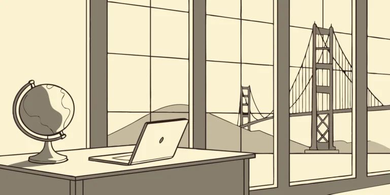 Tax consultant's desk with Golden Gate Bridge view.