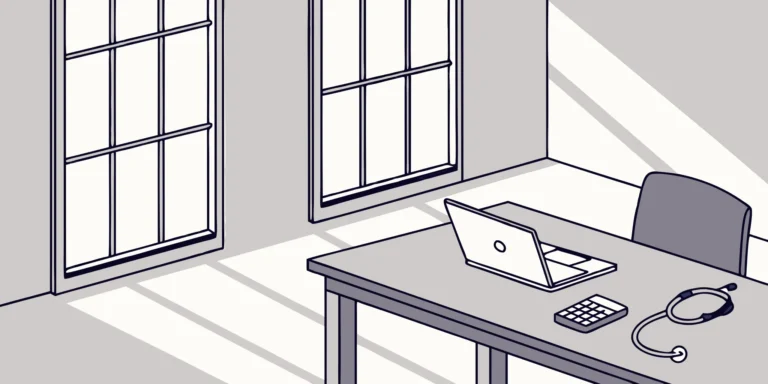 Stethoscope, calculator, and laptop on a desk for healthcare professional tax planning.