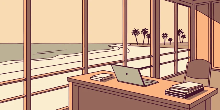 Laptop on a desk overlooking Santa Monica beach, for a content creator using accounting services.