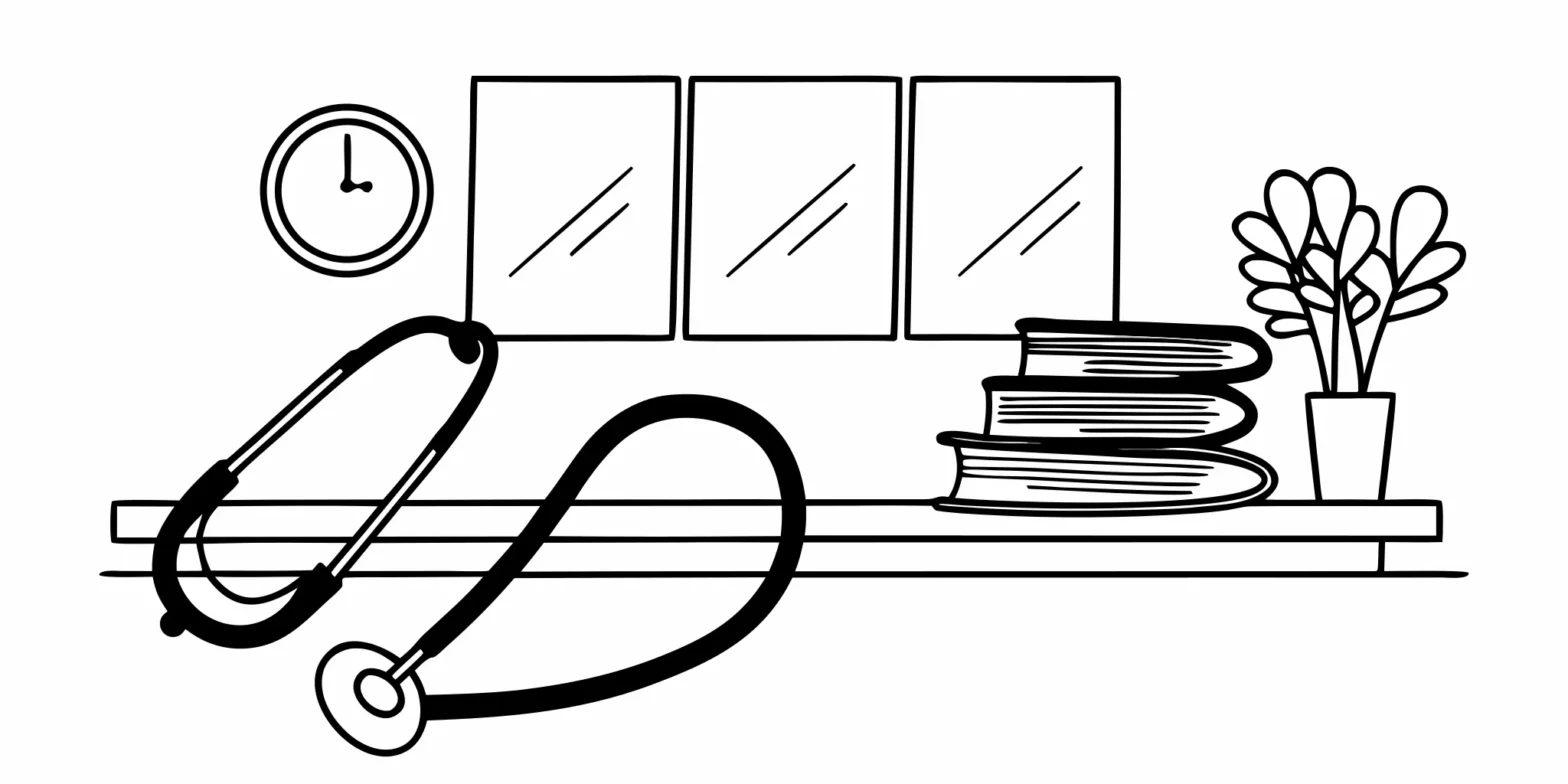 A physician's desk with a stethoscope and books for reviewing tax deductions.