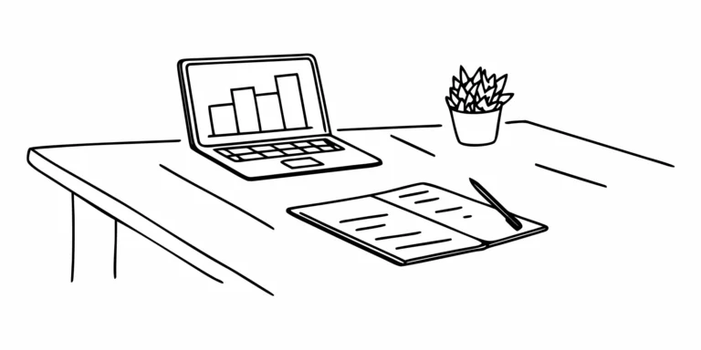 Laptop and notebook on a desk for managing a new business's accounting and payroll services.