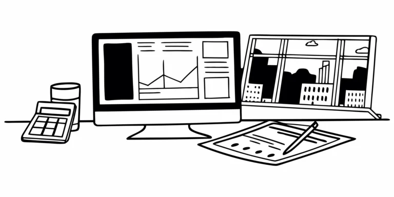 Bookkeeping for a property management company with a computer, calculator, and financial reports.