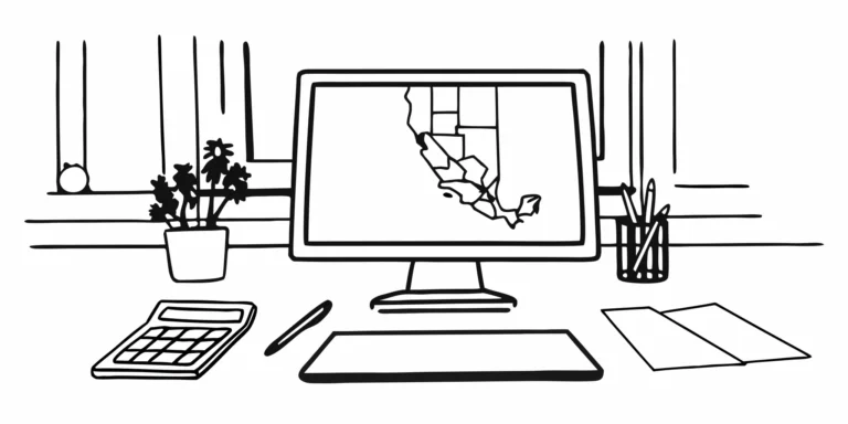 Desk with computer displaying a map for sales and use tax compliance services.