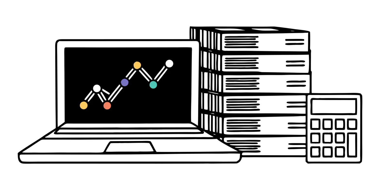 Fixed fee crypto tax advising service with a calculator, laptop charts, and tax documents.
