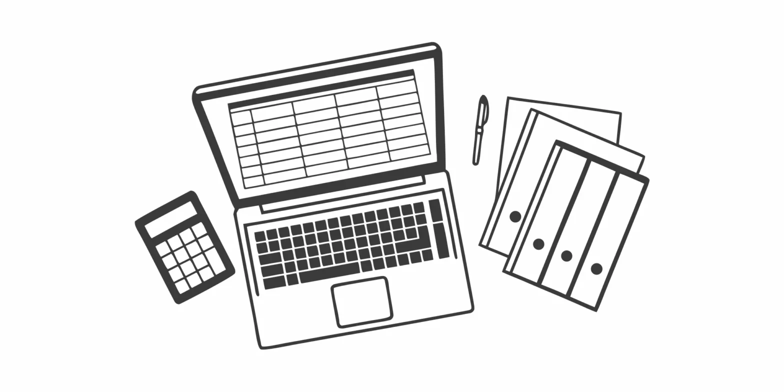 A desk with the documents, calculator, and laptop needed to prepare an LLC tax return.