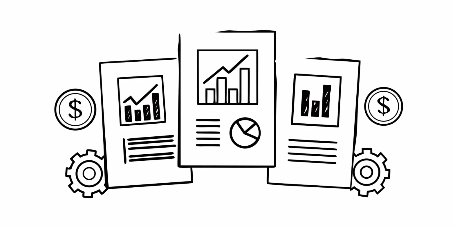A set of monthly financial statements showing the income statement, balance sheet, and cash flow report.