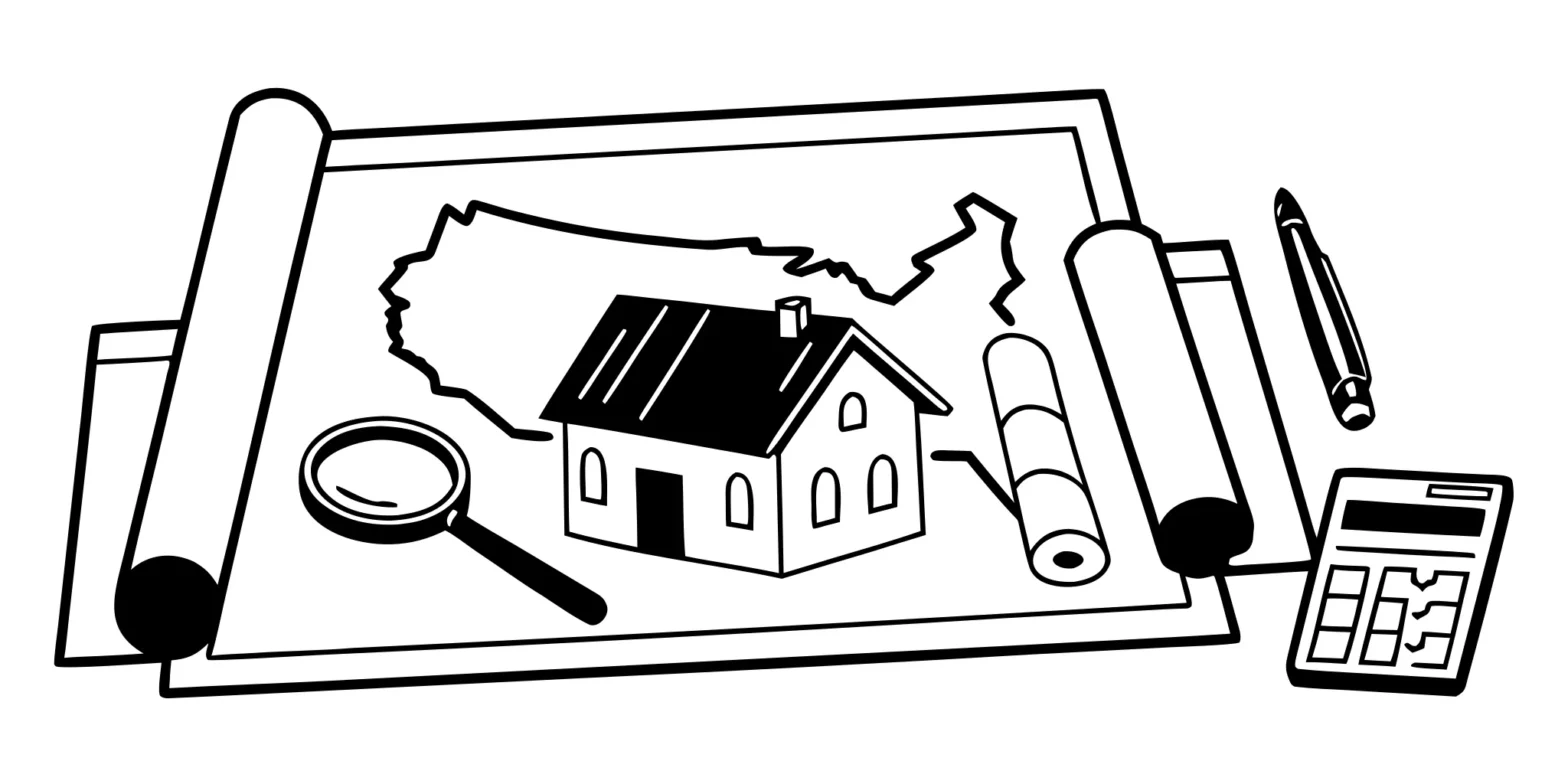 Calculating how to lower property taxes in California with a house model, blueprints, and a calculator.