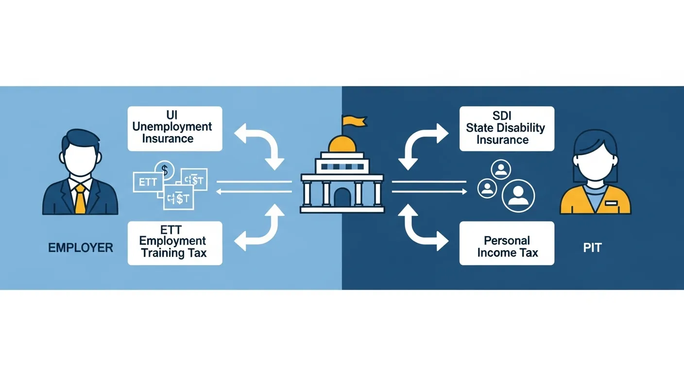 Illustration comparing California employer-paid payroll taxes UI and ETT with employee-withheld taxes SDI and PIT