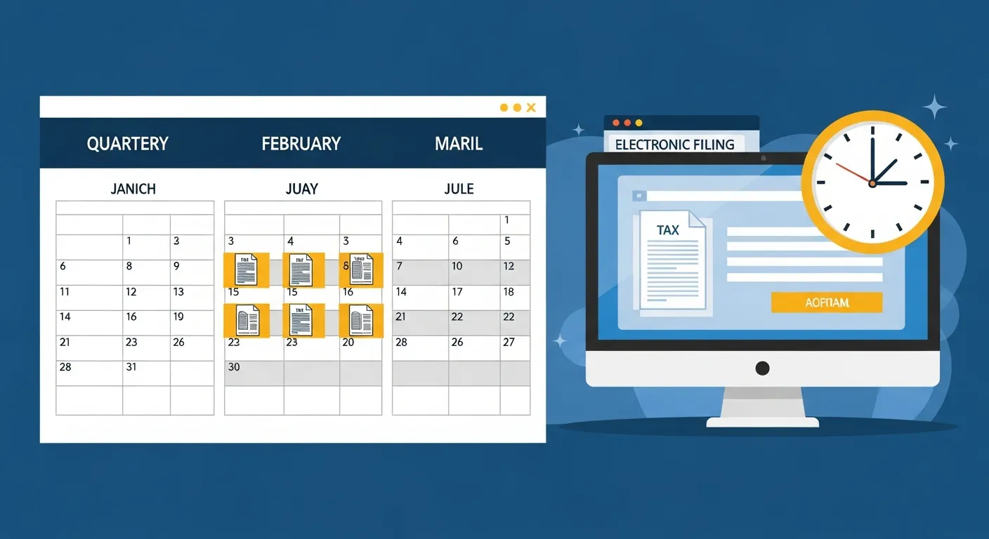 Illustration showing California quarterly payroll tax filing deadlines and electronic submission through EDD e-Services