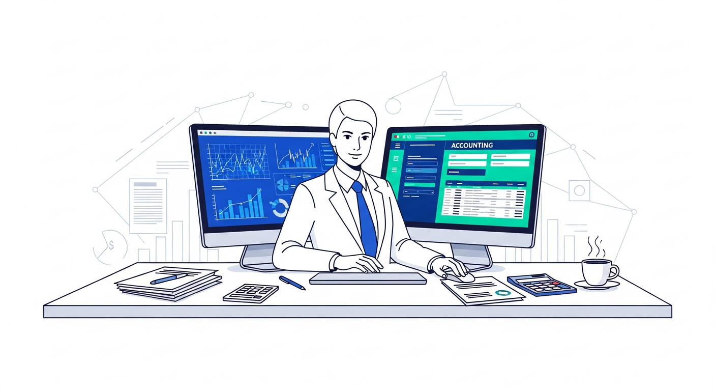CPA accountant working with QuickBooks and Xero on dual monitors at a modern desk