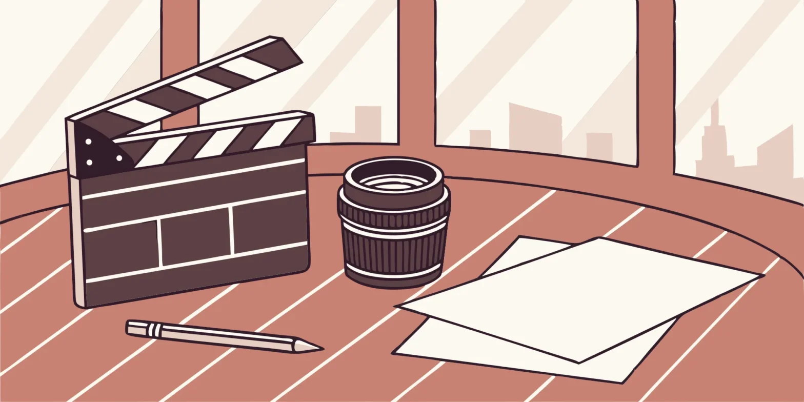 Clapperboard, camera lens, and documents for film production company entity formation.