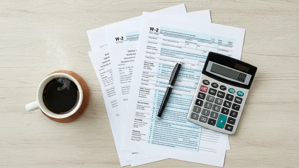 Tax documents, calculator, and coffee on a desk representing small business tax deductions