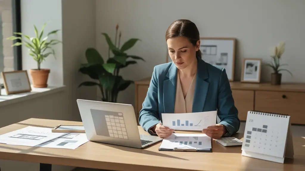 California real estate agent reviewing tax planning records and commission statements at a desk