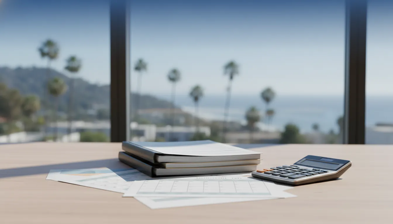 California estimated tax safe harbor planning documents on a professional desk