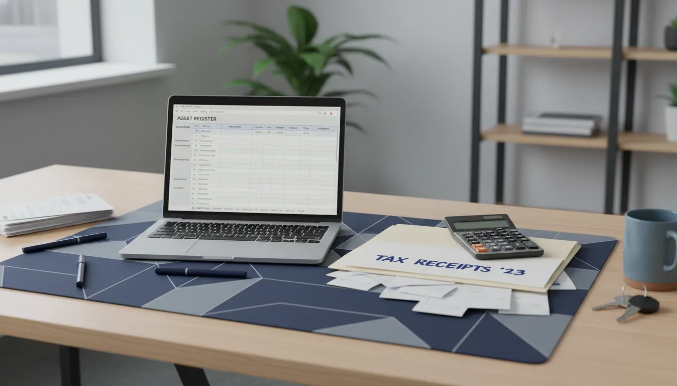Organized fixed asset records and calculator on a small business owner's desk