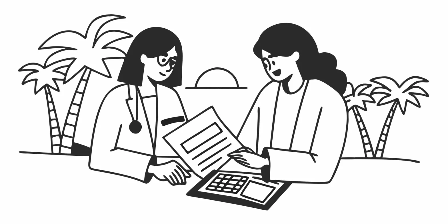 CPA accountant and veterinarian reviewing financial documents for a veterinary practice